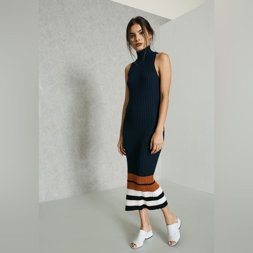 NWT OBEY Marina Striped High Neck Bodycon Dress Small Navy